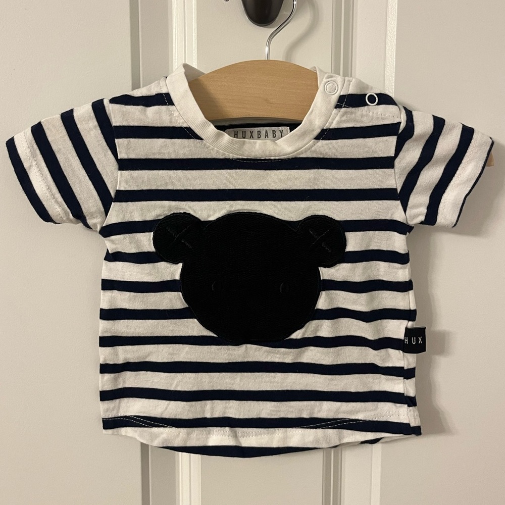 Huxbaby Short Sleeve Stripe Tee with Teddy Bear Patch